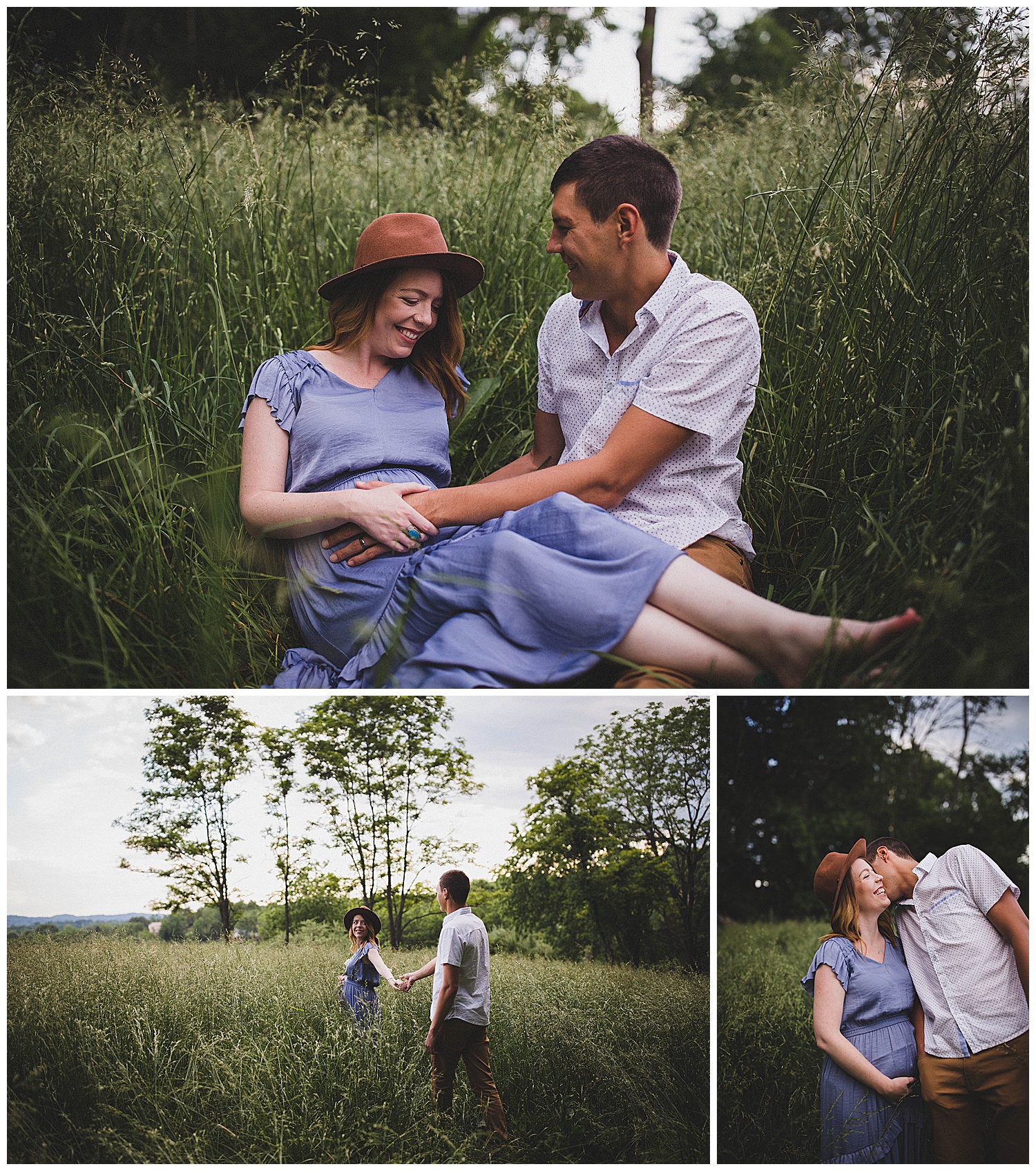 pregnant woman wearing blue dress and hat at maternity session, Southwest Virginia family photography