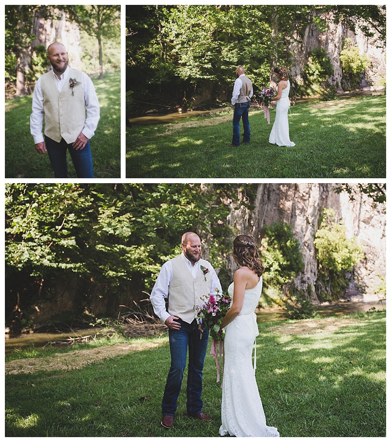 first look photo of bride and groom at vincent's vineyard in lebanon, virginia