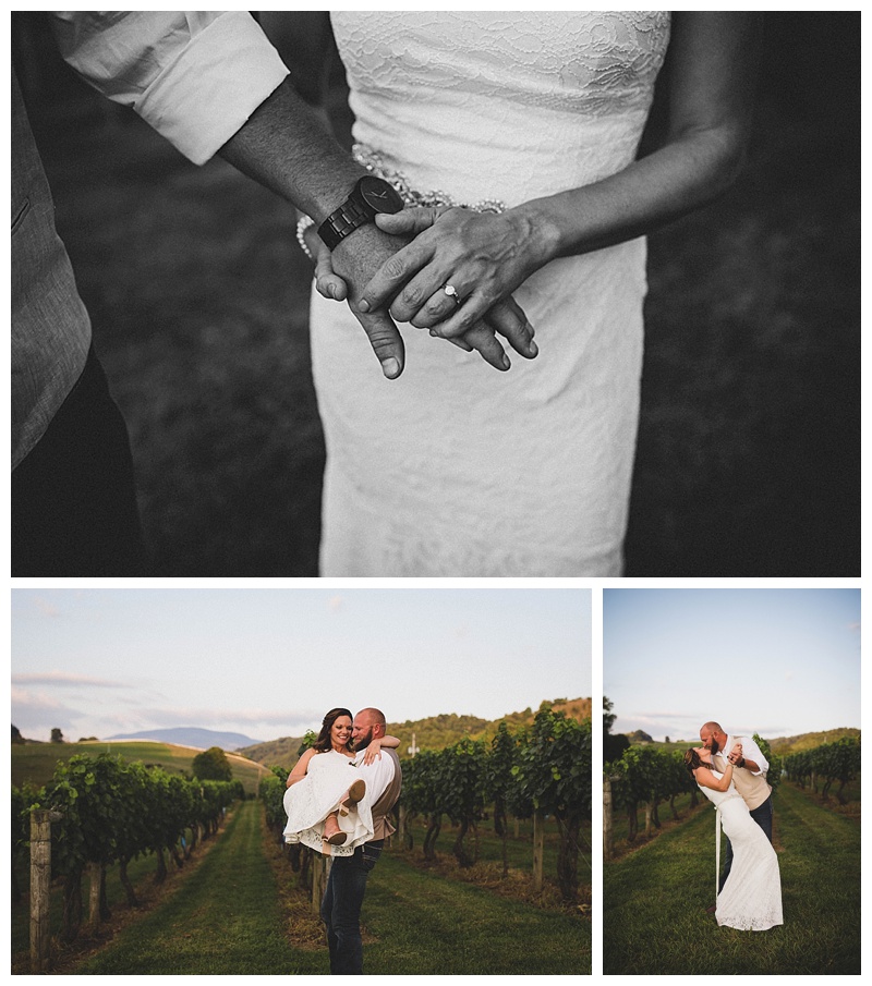 bride and groom running through vincent's vineyard in lebanon, virginia